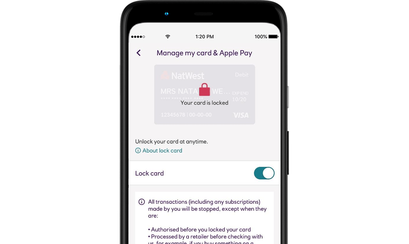Image of NatWest International debit lock feature in mobile app