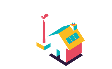 House with solar panels and wind turbine